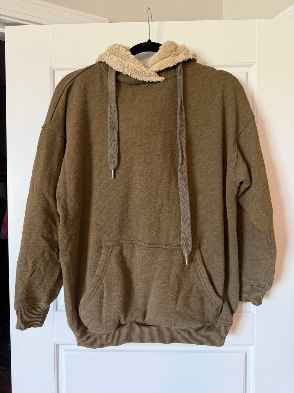 aerie Olive Hoodie with Tan Sherpa Trim